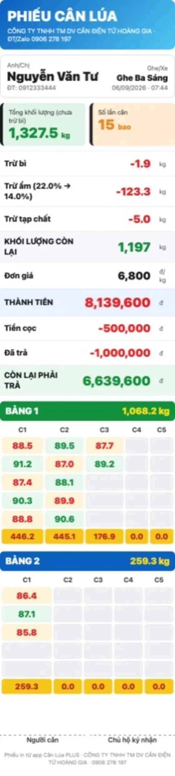 Phần Mềm Cân Lúa Miền Tây: 7 Bí Quyết Chọn Chính Xác - Cân điện tử Hoàng Gia | Uy tín 10+ năm, Uy Tín, Giá Tốt Phiếu cân xuất từ phần mềm cân lúa miền Tây gửi cho chủ ruộng