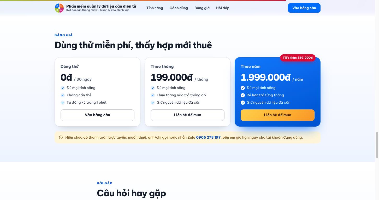Phần mềm cân điện tử – Kết nối cân RS232, Bluetooth - Cân điện tử Hoàng Gia | Uy tín 10+ năm, Uy Tín, Giá Tốt Bảng giá phần mềm cân điện tử: miễn phí 30 ngày, 199.000đ một tháng