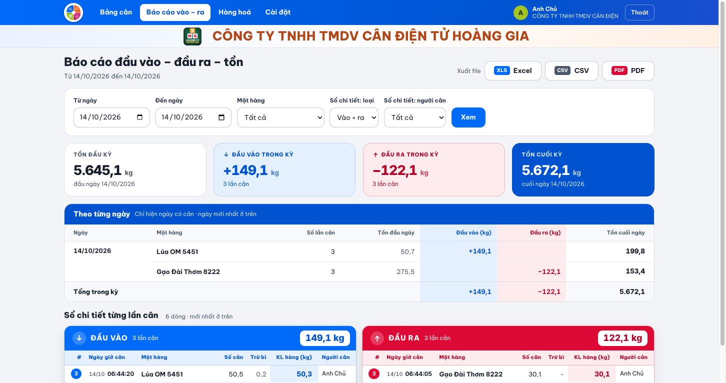 Phần mềm cân điện tử – Kết nối cân RS232, Bluetooth - Cân điện tử Hoàng Gia | Uy tín 10+ năm, Uy Tín, Giá Tốt Báo cáo nhập xuất tồn: phần mềm quản lý kho theo khối lượng