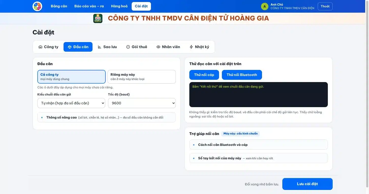 Phần Mềm Cân Điện Tử Kết Nối Máy Tính Qua Cổng R232: 7 Bước Chuẩn - Cân điện tử Hoàng Gia | Uy tín 10+ năm, Uy Tín, Giá Tốt Màn hình cài đặt đầu cân RS232 trong phần mềm quản lý dữ liệu cân điện tử