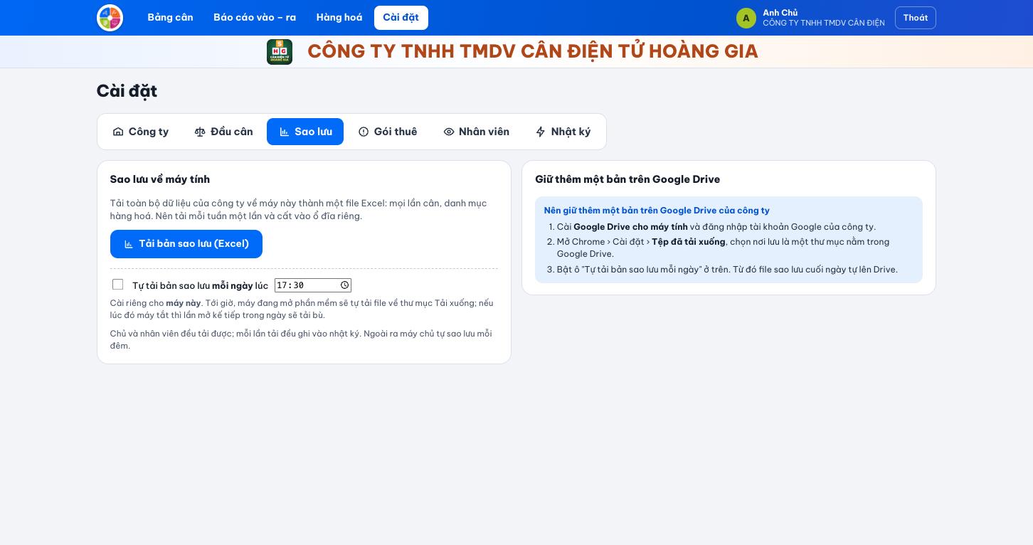Phần mềm cân điện tử – Kết nối cân RS232, Bluetooth - Cân điện tử Hoàng Gia | Uy tín 10+ năm, Uy Tín, Giá Tốt Sao lưu dữ liệu cân về máy tính và Google Drive